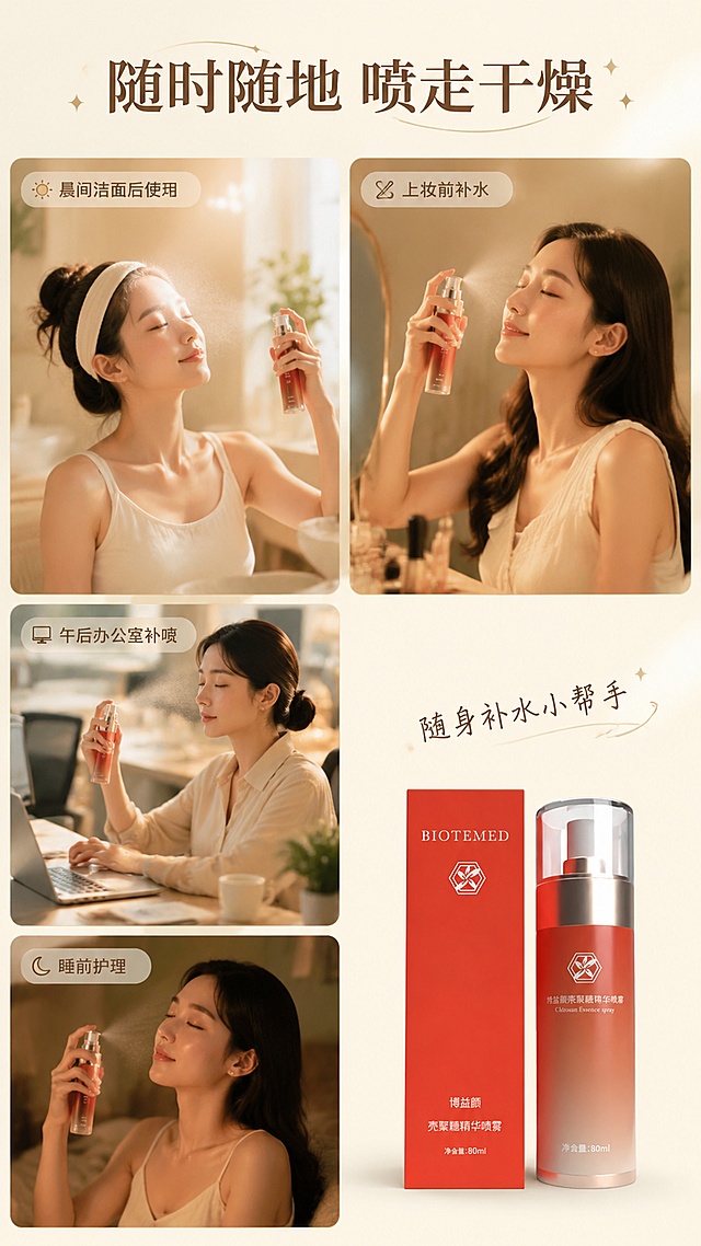 [第6屏] 多场景种草，展示精华喷雾日常不同使用时刻。本屏使用【图1】产品主体，分四格展示。
[氛围/风格] 生活化温馨场景，暖黄色调，自然松弛氛围感。
[元素布局] 四格拼图布局，分别展示：晨间洁面后使用、上妆前补水、午后办公室补喷、睡前护理，四个场景每个场景自然融入产品，右下角单放完整产品大图，产品外观保持输入图一致。每个场景都体现喷雾便携易用的特点。
[光影质感] 每个场景都使用自然柔光，真实自然，色彩温暖。
[配色色系] 全局底色 #FFF5E6，整体暖黄色调统一，场景色彩和谐。
[视角构图] 四宫格拼图 + 右下角产品，构图均衡，场景清晰。
[文字版式] 顶部主标题「随时随地 喷走干燥」，每个场景小标注对应场景名称，文字小巧清晰不遮挡主体，右下角产品旁标注「随身补水小帮手」。
[比例分辨率] 9:16竖版比例，4K分辨率，文字清晰可辨，高清画质。
[负向提示词] 场景拥挤，产品变形，文字错乱，颜色偏差，背景杂乱