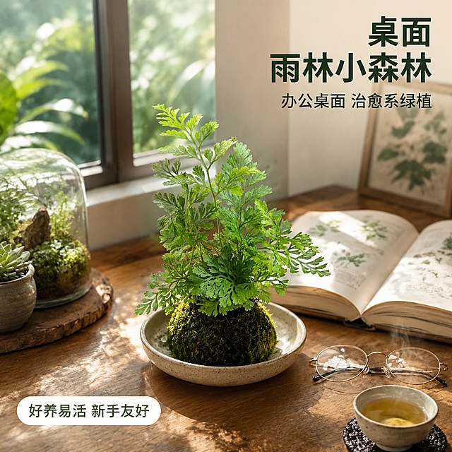 [主图-3] 狼尾蕨桌面摆放场景图
[氛围风格] 热带雨林风家居场景 清新治愈 自然森系 商业摄影
[画质] 超高清商业摄影质感 光线柔和 产品清晰 场景真实自然
[元素] 画面展示一张原木书桌上的一角 狼尾蕨放置在一个简约的陶瓷托盘中 作为桌面绿植主角 旁边搭配一本摊开的自然图鉴书籍 一副细框眼镜 一小杯冒着热气的清茶 背景是窗边的热带雨林景观 窗外隐约可见热带植物叶片 阳光透过窗户洒进来 在桌面上形成柔和的光斑 桌面上还有其他小型多肉和苔藓微景观作陪衬 但狼尾蕨是绝对视觉中心 保持狼尾蕨外观与输入产品图完全一致 株型 颜色 叶片形态不变 自然融入桌面场景 商品主体占比约50%
[光影] 窗边自然光为主光源 从左侧45度角洒入 形成柔和的明暗过渡 桌面有自然的阴影 蕨叶被阳光照亮的部分呈现透亮的翠绿色 整体光线温暖柔和 有午后书房的静谧感
[配色] 主色调为原木暖棕色与植物翠绿色 辅助色为米白书纸色与清茶淡黄色 整体温暖清新
[视角构图] 45度俯视角度 展示桌面整体布局 狼尾蕨位于画面黄金分割点 前景桌面 中景主体 背景窗景虚化 层次丰富
[文字版式] 右上负空间右对齐 主文案"桌面雨林小森林" 深绿色粗体大字 下方小字"办公桌面 治愈系绿植" 稍小同色系 底部左侧有一个小标签"好养易活 新手友好" 白底绿字圆角标签
[输出要求] 1:1比例 文字清晰可辨 超高清商业摄影质感
[负向提示词] 变形 文字错乱 产品模糊 背景杂乱 水印 电商平台Logo 多余的手 多余的手指 畸形手 人物面部扭曲