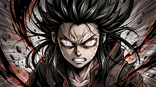 Close-up portrait of 10-year-old Ash in intense shonen awakening moment: drastically change the hair to **very long, shoulder-length glossy jet-black hair** that dynamically flies upward with explosive force, silver eyes burning with inner light, gritted teeth, veins visible on neck and forehead, surrounded by explosive dark energy and debris particles. Keep the black tactical jacket with rust-orange accents. Extreme dynamic manga linework, thick bold strokes with white ink highlights, heavy black shadow shapes, speed lines converging toward face, desaturated color palette with sudden brilliant rust-orange and blood-red burst accents, dramatic chiaroscuro lighting, oppressive but electrifying atmosphere, realistic animation face anatomy, cinematic 16:9, no text, no watermark. Make sure the hair is significantly longer and shoulder-length, not short.