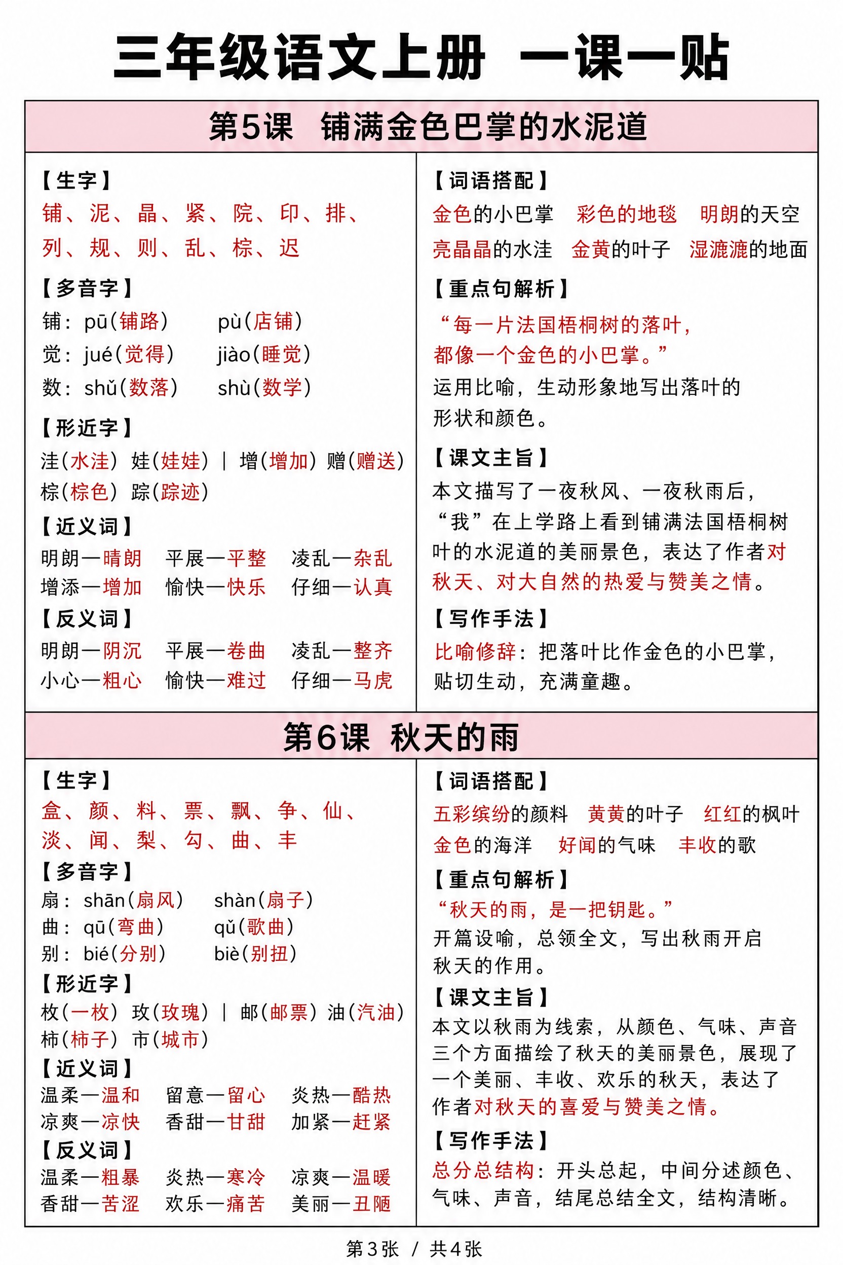 小学语文三年级上册知识点整理海报，竖版A4比例，极简教学风格，… - 图片创意预览