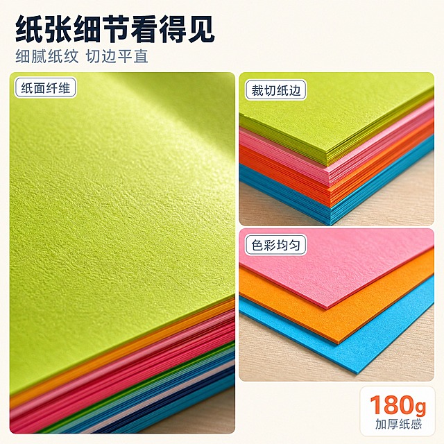 【主图3】商品名称：80色A4彩色卡纸（180g加厚 400张装）。唯一任务：微距展示纸张材质、切边与色彩品质，解决“纸质好不好”的顾虑。
【统一基调】全套统一：明亮暖调手作品质感；背景为米白到浅木纹的干净桌面；主标题粗壮无衬线黑体、字色深墨蓝#22303C；辅助说明文字同族细字重、字色浅灰蓝#6B7A88；强调色统一珊瑚橙#FF6B4A；文字组件统一白色圆角卡片配细阴影细描边，角标为细线圆角小标签；全套不换背景主色、不换字色、不换卡片与字体样式。
【画面】三格微距式组合构图，均取材于用户上传的同款彩色卡纸：第一格最大，斜侧低角度贴近拍摄草绿色卡纸表面，纸面纤维颗粒与哑光纸纹清晰可见，纸张微微倾斜形成一道柔和高光；第二格展示两三种颜色卡纸叠放的边缘微距，纸边裁切平直、无毛边、层与层之间贴合紧密；第三格展示粉、橙、湖蓝三张卡纸小角度错位叠放，颜色均匀不花。三格统一白色圆角细边小窗，每格带短名称标注「纸面纤维」「裁切纸边」「色彩均匀」。产品细节占画面约75%，不重复放大同一位置，不出现人物。
【光影质感】商业摄影质感，侧上方硬中带柔的单向光，让纸面纹理产生细微颗粒阴影与轻微高光过渡，纸张层叠处有干净接触阴影，突出真实纸材的哑光触感，避免塑料反光与过度磨皮感。
【配色】沿用统一视觉基调，背景米白#FDF8F1，纸张的绿、粉、橙、蓝为画面高饱和色源。
【文字版式】左上角主标题「纸张细节看得见」深墨蓝，字号最大；其下辅助行「细腻纸纹 切边平直」，字号约主标题一半，浅灰蓝；每格小窗内用细线圆角标签标注上述短名称；右下角白色圆角卡片内标注小号数字「180g」配说明「加厚纸感」。文字横排、词组用空格、不加逗号，放在负空间，不遮挡纸面重点细节。
【输出要求】1:1 正方形构图，2K 清晰度；微距纹理锐利；负向：纸纹虚假糊化、颜色偏差、裁切毛边、文字错字、模糊、杂乱、水印、平台Logo。