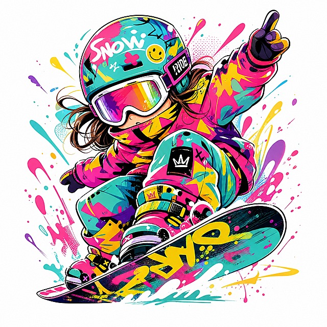 潮流插画风格Q版一头身年轻女性滑雪者，大透视角度，抽象概括线条，身穿亮色滑雪服套装，头戴头盔护目镜，脚踩滑雪板，动感滑雪姿势，白色背景，潮流插画风格，矢量感，色彩丰富撞色，喷溅感肌理，细节丰富，全身像，街头艺术风格