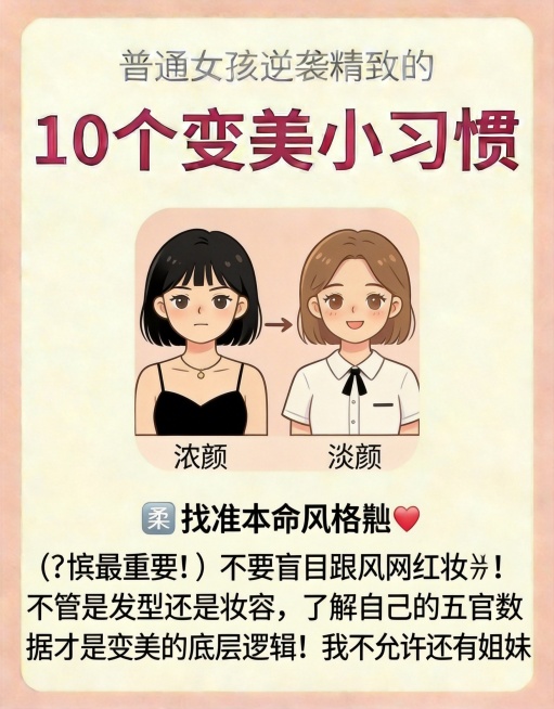 保留主标题“普通女孩逆袭精致的10个变美小习惯”，将下方内容替换为“🔟 找准本命风格💄（👈最重要！）不要盲目跟风网红妆❌！不管是发型还是妆容，了解自己的五官数据才是变美的底层逻辑！我不允许还有姐预览效果