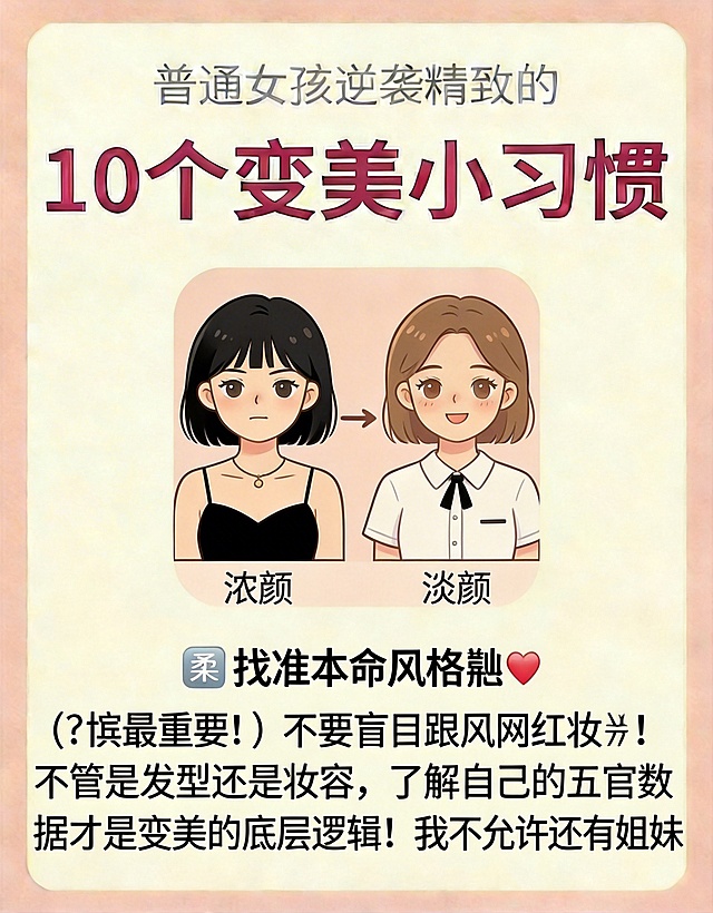 保留主标题“普通女孩逆袭精致的10个变美小习惯”，将下方内容替换为“🔟 找准本命风格💄（👈最重要！）不要盲目跟风网红妆❌！不管是发型还是妆容，了解自己的五官数据才是变美的底层逻辑！我不允许还有姐妹不知道自己是“浓颜”还是“淡颜”，是“骨相美”还是“皮相美”。”，画面替换为展示浓颜、淡颜两种风格女孩的卡通插画，保持整体风格一致