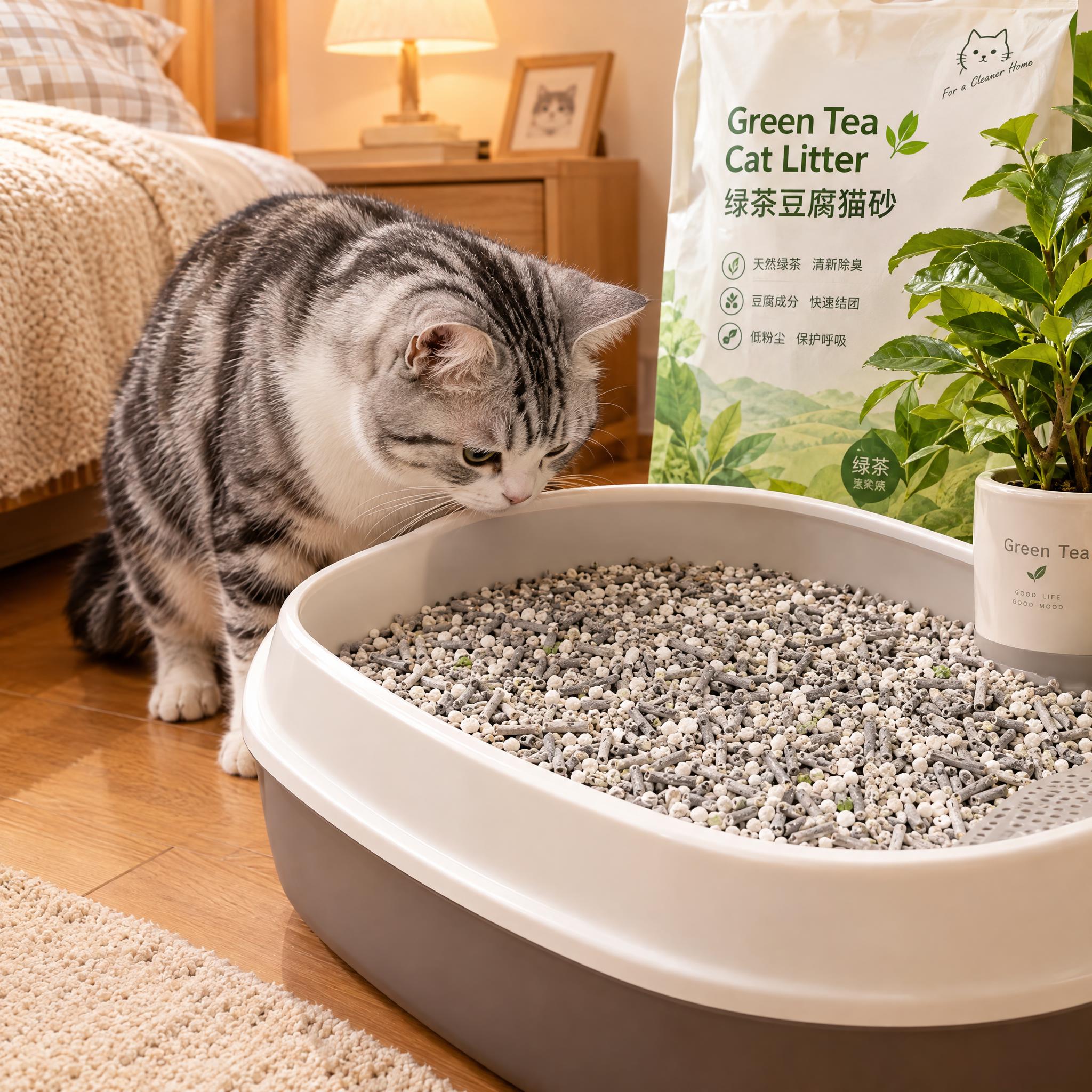 电商摄影风格，1:1正方形构图，猫砂产品场景图，室内温馨卧室角… - 图片创意预览