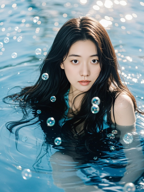 长发少女，水下写真，周围少量气泡装饰，正面视角，清透梦幻氛围，商业摄影预览效果