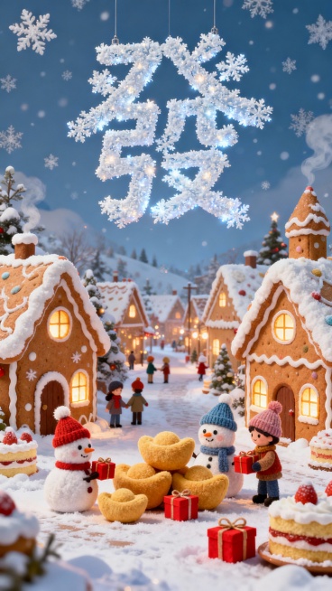 一个童话般的雪景小镇，巨大的“發”字由雪花组成悬浮在空中，房子和街道都是蓬松的姜饼和蛋糕做的，居民全是各种戴着针织帽的毛绒元宝，它们正在堆雪人（雪人也是元宝形状的）、交换红色的礼物盒，温暖的灯光从窗户预览效果