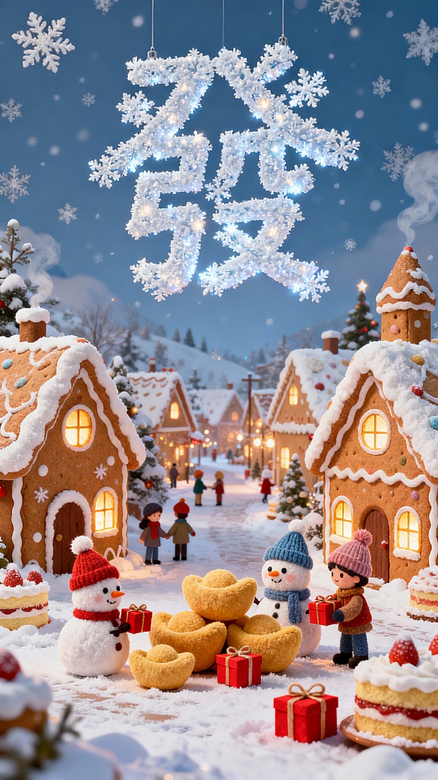3D微缩艺术风雪夜小镇，粘土质感卡通人物与发光“發”字雪花装饰，融合圣诞温馨与新年喜庆，拟人化雪人送礼，毛发生长般细腻纹理，梦幻又可爱。