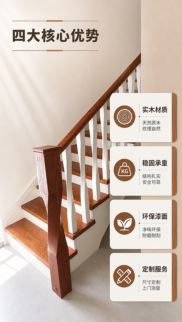 [商品] 使用【图1】实木楼梯起步段侧面图；保留红橡木纹起步大柱、实木扶手、白色扭纹立柱、实木踏步板的结构、颜色、材质和木纹细节；去除画面中右侧的人物、风扇、电线、杂物，清理地面灰尘，修复为干净整洁的家装场景，楼梯本体结构不变。
[画面] 页面目标：核心卖点总览页，用icon+文字清晰呈现4大核心卖点。构图：竖版9:16，左侧约55%区域展示楼梯起步段特写（起步大柱+扶手+3级踏步），右侧约45%区域放置4个卖点卡片，上下排列。阅读动线：从左到右、从上到下。前景：干净浅灰地面；中景：楼梯起步段主体+右侧信息卡；后景：简洁白墙，柔和光影。
[视觉] 套系策略：风格=现代简约家居商业摄影，高端家装实景风；标题字=思源黑体粗体；正文字=思源黑体常规体；主色=暖木棕（红橡木色）；背景延展=基于暖木棕做深浅层级、同色渐变和细腻木纹/哑光墙面质感；强调色=米白色，仅用于小面积图标、引线和标签底；标题色=深棕灰；正文色=中暖灰；组件=圆角浅底信息卡、细线引线、木纹质感分割条；光影=左侧自然光+右侧补光，暖调柔和，突出木纹立体感与扶手圆润质感。
[文字] 顶部主标题「四大核心优势」（6字）；右侧4个卖点卡片，每卡含icon+标题+短句，全部横向排版：1.「实木材质」—— 天然原木 纹理自然；2.「稳固承重」—— 结构扎实 安全可靠；3.「环保漆面」—— 净味环保 耐磨耐刮；4.「定制服务」—— 尺寸定制 上门测量。文字清晰可读，不遮挡楼梯起步大柱和扶手关键部位。
[规格] 图片比例9:16竖版，4K分辨率，负向提示：避免变形、错字、文字过小、冷蓝/蓝灰背景、楼梯结构改变、木纹失真、人物、风扇、施工杂物、竖排文字、斜排文字。