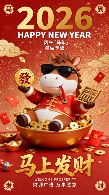 3D 卡通风格马年春节海报，暖红底带细腻金粉星光纹理，点缀浅金祥云与烟花暗纹，整体质感饱满喜庆。主体是圆滚滚的棕白 Q 版小马，戴黑框墨镜、穿红底金纹盘扣唐装，坐在满溢金元宝的聚宝盆里，前爪举着烫金预览效果