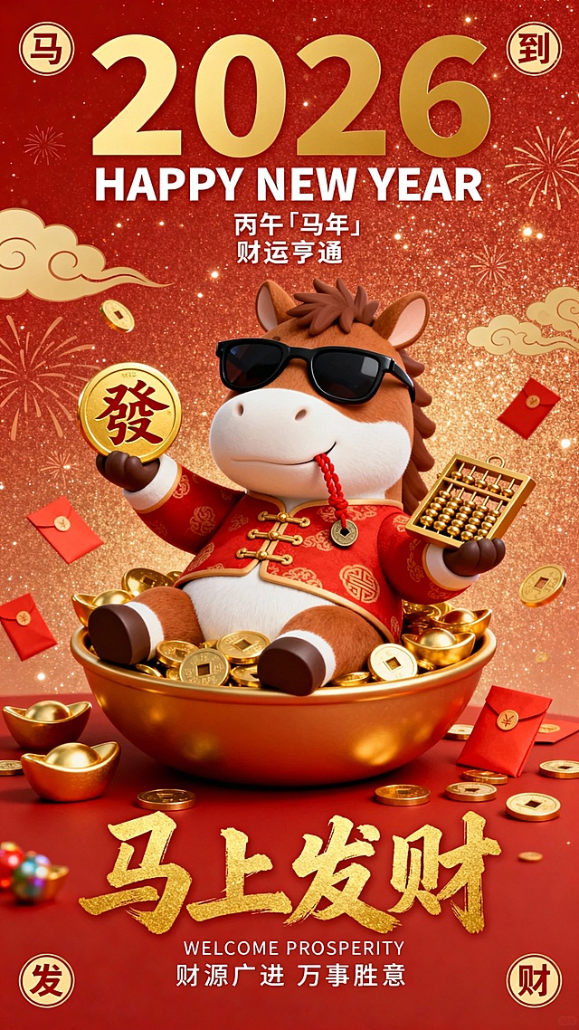 3D拟人马穿唐装戴墨镜，坐金盆中捧金币算盘，鎏金金属质感，喜庆卡通风，马年春节主题，寓意“马上发财”。