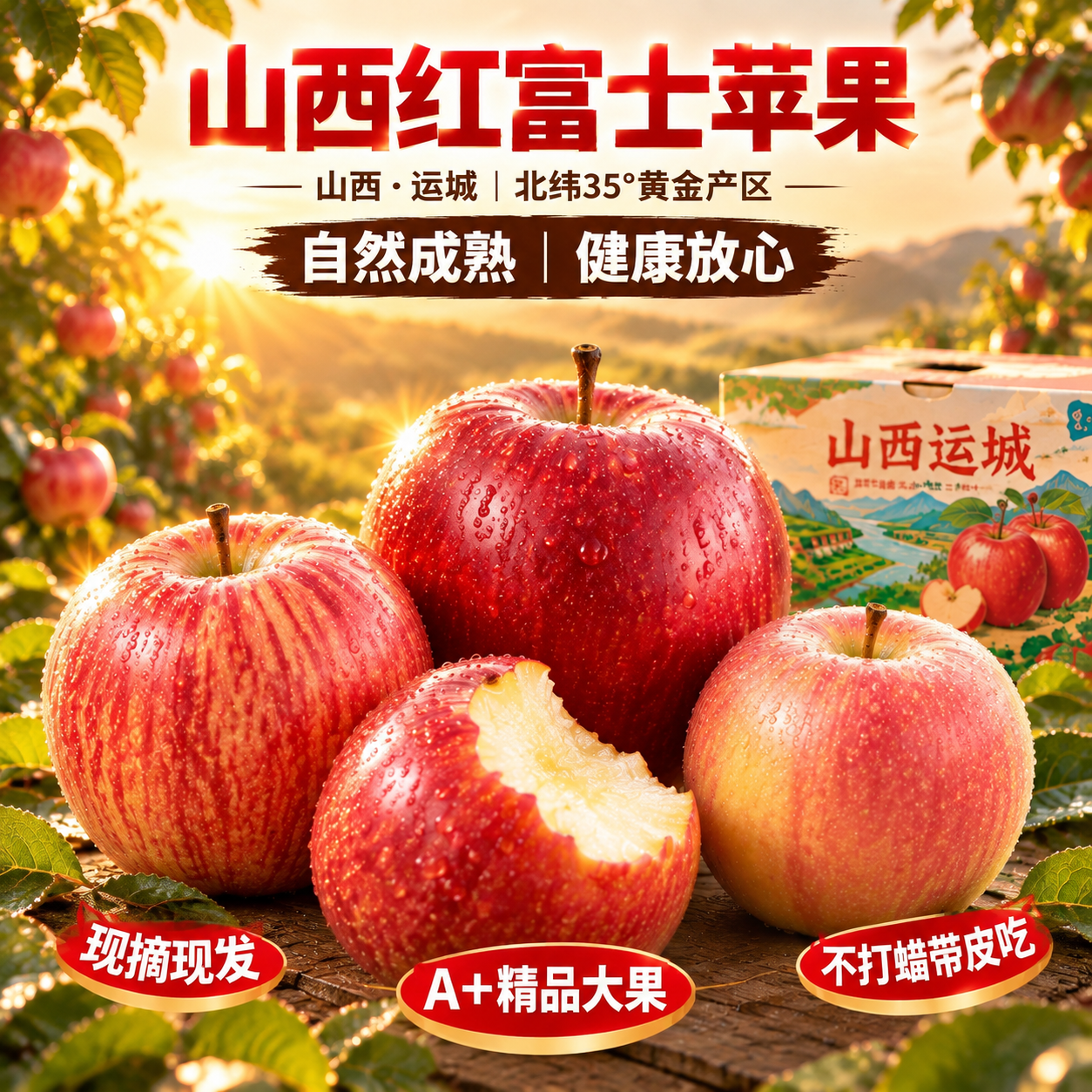 京东电商主图，800×800像素，逆光拍摄山西运城苹果果园，傍… - 图片创意预览