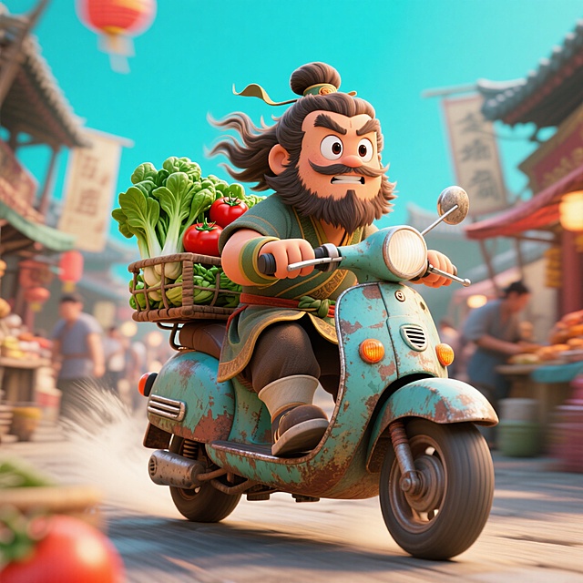 三国中人物角色张飞，开着一辆破旧的电动车，车后座驮着刚从菜市场买来的菜。头发随风飘扬，在车水马龙的集市穿梭