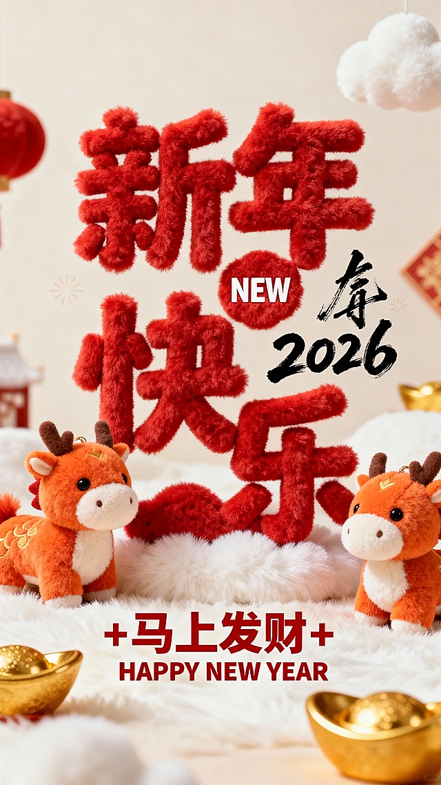 国潮风毛绒大字“新年快乐”搭配卡通鹿玩偶，浮雕质感与毛发生长效果营造喜庆可爱氛围，金元宝点缀，传递2026新春祝福。
