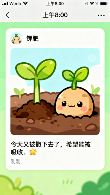 卡通风格微信朋友圈已发布界面，界面最顶部状态栏显示时间“上午8:00”，还原手机状态栏样式，下方朋友圈区域用户昵称为“钾肥”，配图是Q版卡通的土地钾肥与嫩绿小苗，配图下方是文案“今天又被撒下去了，希望预览效果