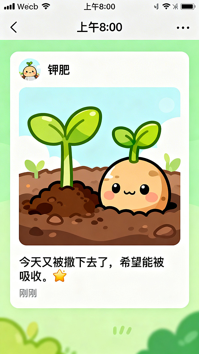 卡通风格微信朋友圈已发布界面，界面最顶部状态栏显示时间“上午8:00”，还原手机状态栏样式，下方朋友圈区域用户昵称为“钾肥”，配图是Q版卡通的土地钾肥与嫩绿小苗，配图下方是文案“今天又被撒下去了，希望能被吸收。🌱”，文案下方标注发布时间“刚刚”，整体画风可爱活泼，色彩明亮。