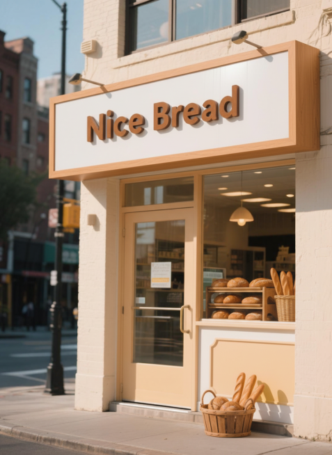 为图片更换装修，换成面包店，名字改成“Nice Bread
”，根据不同店铺的商业属性匹配店铺名称和色调、风格。预览效果