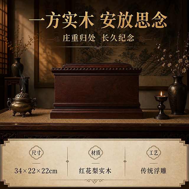 [主图-5 情感规格方版] 情感收尾+产品尺寸规格，传递庄重纪念意义和具体参数。
[统一基调] 传统中式庄重风格，深木色主色调，暖金色点缀，深褐色背景带柔和光影，宋体/楷体风格标题字，整体氛围沉静肃穆、高端体面。
[画面] 产品整体正面图居中偏上，放置在中式庄重场景中，背景有山水挂画、香炉、烛台，暖光侧照，营造沉静肃穆的纪念氛围。下方为规格参数区，清晰标注尺寸和材质。上实下虚，情感与信息结合。
[光影质感] 商业摄影质感，暖调柔光，整体氛围温暖而庄重，产品光影自然融入场景。
[配色] 主色深红木色，背景暖褐渐变，标题字暖金色，辅助文字深褐色，参数区米白底深褐字。
[文字版式] 产品上方主标题「一方实木 安放思念」大号暖金色宋体，副标题「庄重归处 长久纪念」稍小。下方参数区列出「尺寸 34×22×22cm」「材质 红花梨实木」「工艺 传统浮雕」。
[输出要求] 正方形构图，文字清晰，产品清晰，氛围庄重，无变形，无错字，无水印。负向：廉价感、氛围轻浮、文字模糊、参数错误。