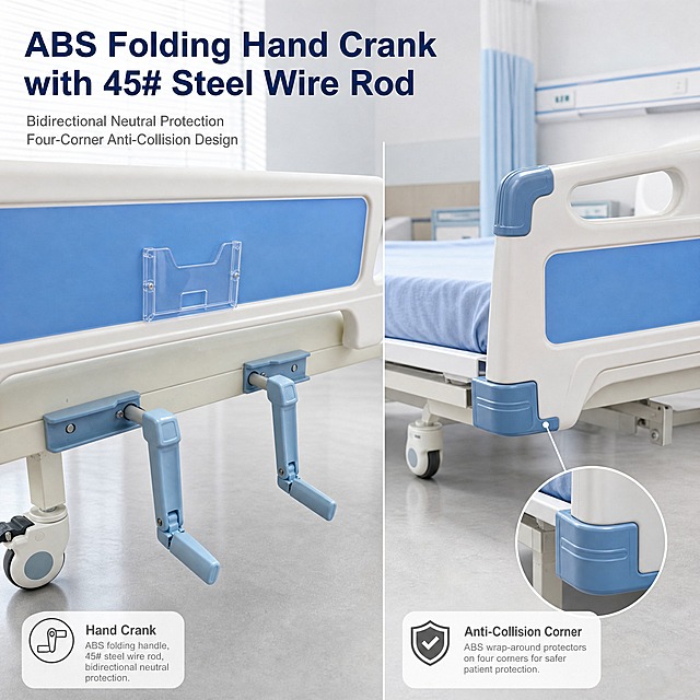 [主图-6] ENLIDA E-BC002 2-Crank Manual Hospital Bed 手摇把与防撞细节，唯一任务：特写证明床尾 ABS 叠式手摇把结构，并同框展示床体四角蓝色防撞角。
[统一基调] 整套统一视觉：明亮整洁的医院病房实景，白色与医疗浅蓝为主色，冷调柔和日光自左上方照入，地面浅灰反光柔和；英文无衬线字体只用一种字体外观，主标题大号加粗深藏青，辅助文案小号灰色，证据组件统一为白色圆角卡片与细引线图标；画面满版无边框。
[画面] 以我上传的实拍图为准做局部特写合成：画面左侧为床尾手摇把微距，占画面约 45%，清楚呈现 ABS 叠式折叠手摇把的蓝色手柄、45# 钢丝杆与双向空挡保护装置，手柄可折叠收起的结构关系真实可信，不臆造齿轮箱或改变摇把数量与长度；画面右侧为床体四角蓝色防撞角近景，展示蓝色 ABS 包角与床架转角贴合关系，同样以实拍图为准不改色不变形。两部分共用同一间干净病房的浅色墙面背景，光线方向一致；画面中部用一条极细分隔细线区分两个细节区，不用厚重色块底板。一个白色圆角画中画可放大防撞角与床架的贴合处。
[光影质感] 商业微距摄影质感，左上方柔光主光，ABS 手柄呈细腻哑光并带柔和圆润高光，钢丝杆有细窄金属反光，防撞角边缘无锯齿、与床架无缝贴合。
[配色] 主色白与医疗浅蓝，防撞角蓝色略深作为强调色，环境浅灰。
[文字版式] 左上留白处大号加粗深藏青标题 ABS Folding Hand Crank with 45# Steel Wire Rod，其下两行小号灰色说明 Bidirectional Neutral Protection 与 Four-Corner Anti-Collision Design；两个细节区各配一枚小号灰字标签 Hand Crank 与 Anti-Collision Corner，横排左对齐，不压主体。
[输出要求] 1:1 方形，文字清晰、两个细节区清晰、结构真实。负向：变形、错字、模糊、杂乱、水印、平台 Logo、中文文字、多余手指、畸形手、摇把结构错乱、防撞角悬空或穿模。