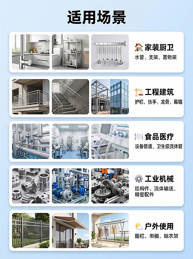 304详情图 标题：国标 304 不锈钢管 圆管 / 方管 无缝抛光 零切加工​ 副标题：防锈耐腐蚀｜食品卫生级｜家装工程通用｜当天发货​ ​ ​ 模块 1：为什么选 304？（痛点解决）​ 普通铁管：易生锈、易腐蚀、寿命短​ PPR 管：易老化、承压差、不环保​ 我们 304 不锈钢管​ 18% 铬 + 8% 镍 形成致密钝化膜​ 防锈 / 抗腐蚀 / 耐高温 / 寿命长​ 与建筑同寿，一次安装长期无忧​ ​ ​ 模块 2：核心卖点（大字 + 图标）​ ✅ 国标正品 材质保真​ 06Cr19Ni10 国标 304​ 光谱可验，假一赔十​ 不含杂质，安全无析出​ ✅ 超强耐腐蚀 不生锈​ 耐大气 / 淡水 / 弱酸弱碱​ 潮湿 / 户外 / 厨卫长期使用不氧化​ 自动修复钝化膜，持久防护​ ✅ 食品级卫生 安全放心​ 无异味、易清洁、抑菌环保​ 适配饮用水管 / 食品设备 / 医疗器具​ 符合生活饮用水输送标准​ ✅ 精工制造 品质稳定​ 无缝管：无焊缝、壁厚均匀、承压更强​ 焊管：焊道平整、表面光亮、精度高​ 抛光处理：内外光洁、无砂眼无黑点​ ✅ 规格齐全 支持零切​ 圆管 Φ6–Φ630mm｜方管 12×12–120×120mm​ 壁厚 0.5–10mm｜长度可零切 / 定制​ 满足家装 / 工程 / 设备 / 流体输送​ ​ ​ 模块 3：适用场景（场景化配图）​ 🏠 家装厨卫：水管、支架、置物架​ 🏗️ 工程建筑：护栏、扶手、龙骨、幕墙​ 🍽️ 食品医疗：设备管道、卫生级流体管​ ⚙️ 工业机械：结构件、流体输送、精密配件​ 🌤️ 户外使用：围栏、雨棚、晾衣架​ ​ ​ 模块 4：规格参数（清晰表格）​ 材质：304 奥氏体不锈钢（06Cr19Ni10）​ 执行标准：GB/T 14976、GB/T 19228.2​ 工艺：无缝 / 焊接｜酸洗 / BA / 抛光​ 表面：光亮 / 镜面 / 工业面​ 形状：圆管、方管、矩形管​ 可加工：切割、打孔、折弯、定制长度​ ​ ​ 模块 5：品质保障（信任背书）​ 大厂货源，现货充足​ 光谱检测，材质保真​ 精密尺寸，公差达标​ 支持零切，发货快速​ 破损包赔，售后无忧​ ​ ​ 模块 6：下单须知（清晰易懂）​ 标价为1 米单价，需其他长度联系客服​ 可零切 / 定制，切割后不支持退换​ 下单备注：外径 × 壁厚 × 长度 / 形状​ 量大批发更优惠，咨询客服享底价​ ​ ​ 底部促单（强转化）​ 国标 304 不锈钢管 耐用不生锈​ 家装 / 工程 / 食品设备通用​ 现货速发｜零切定制｜品质保障​ 立即下单，省心用好管！