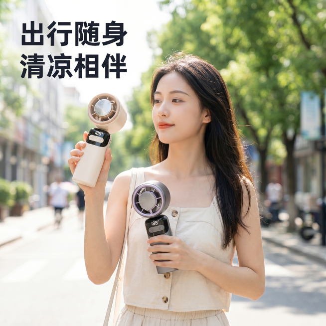 [主图 4] 出行场景体验展示主图。
[氛围风格] 生活化轻科技风，真实使用场景。
[画质] 商业摄影质感，自然真实，清晰通透，画面高级干净。
[元素] 年轻女生手持本款折叠手持风扇在户外出行，走在夏预览效果