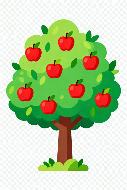 快乐农场小游戏风格的成熟苹果树，结满了红苹果，绿叶繁茂，卡通扁平插画风格，和原图界面风格保持一致，背景透明预览效果