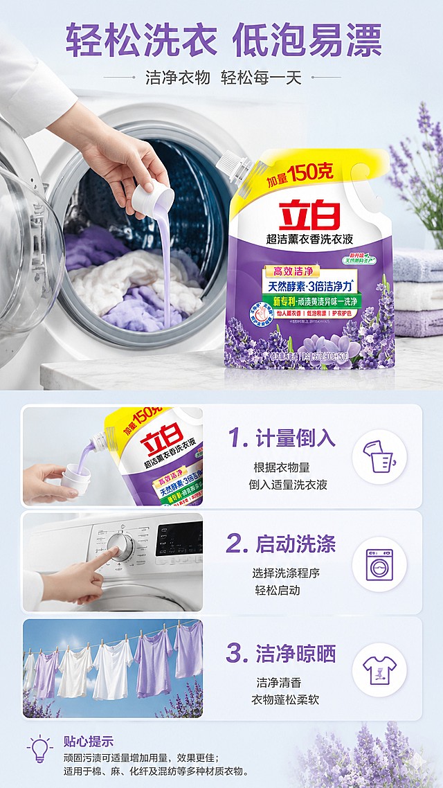 [第4屏] 使用流程演示，讲解立白洗衣液日常使用方法。本屏使用【图1】作为商品主体。
[氛围/风格] 生活化演示风，自然真实，清晰易懂。
[元素布局] 上半部分展示使用场景：脏衣物放入洗衣机，倒入本品洗衣液；下半部分三步标注：「1. 计量倒入 2. 启动洗涤 3. 洁净晾晒」，商品放置在右侧中部，包装外观与原图一致。
[光影质感] 自然柔和的家居光影，真实自然，场景温馨。
[配色色系] 全局底色 #f0f4f8，背景浅蓝灰色调，搭配薰衣草紫点缀，清新干净。
[视角构图] 步骤式构图，从左上到右下递进阅读。
[文字版式] 顶部主标题「轻松洗衣 低泡易漂」，每个步骤配简短说明，文字清晰排版有序，不遮挡商品主体。
[比例分辨率] 9:16竖版比例，1080×1920像素，4K分辨率，文字清晰可辨，高清画质。
[负向提示词] 商品变形，文字错乱，场景杂乱，人物遮挡主体，颜色偏差
