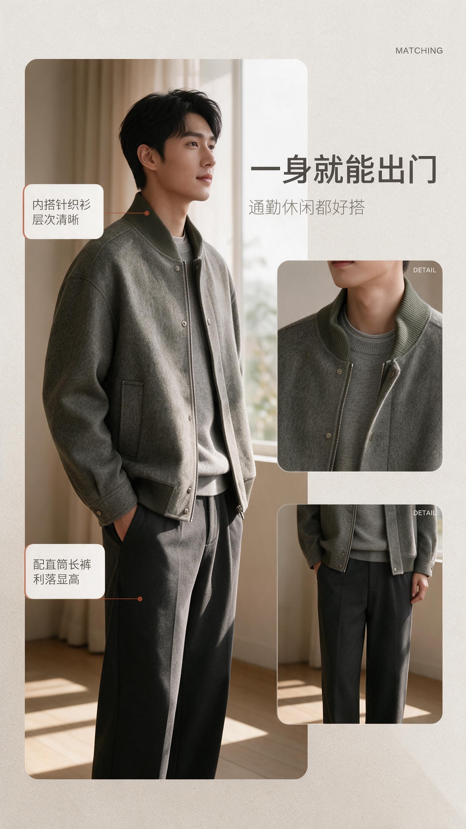 【商品】使用【图1】灰褐色羊毛混纺粗花呢棒球领针织夹克。保留项… - 图片创意预览