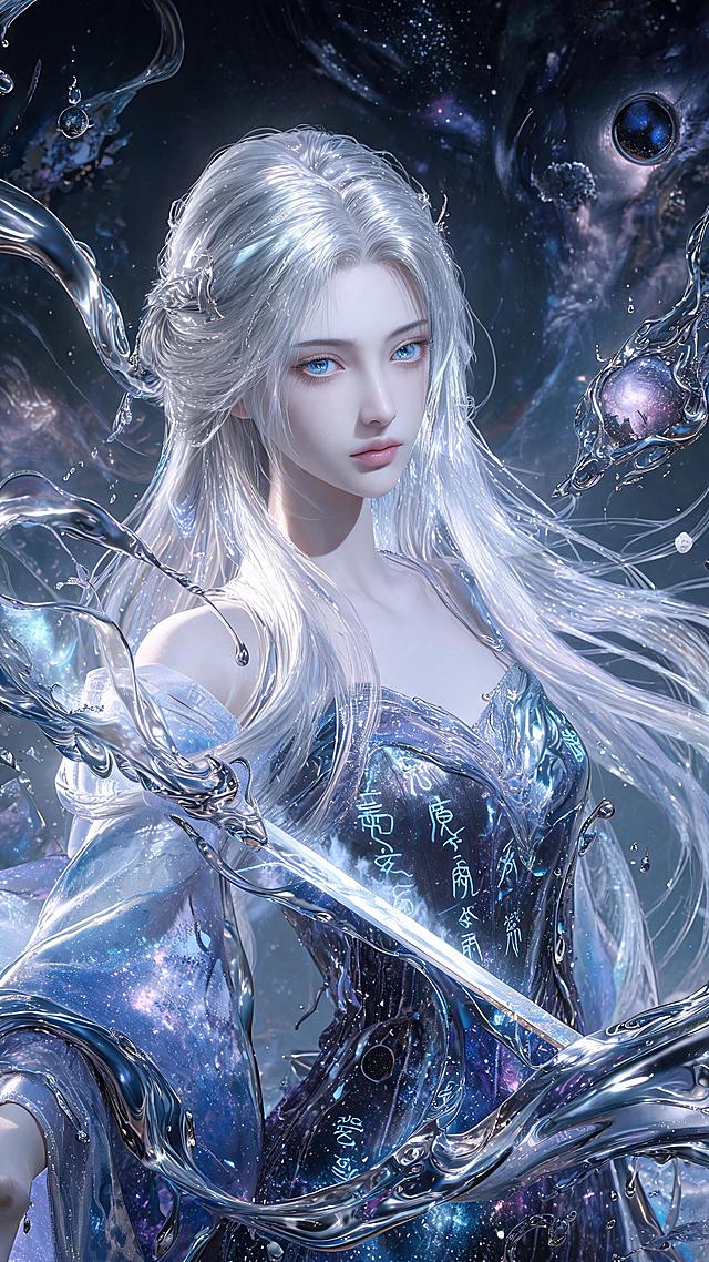 液态金属虚空剑姬，本是一缕先天庚金之气，混着九幽深处的玄冥真水，在宇宙裂隙中淬炼万年方得绝世女相。她悬于混沌之巅，身姿曼妙，周身如水银流淌，又似星河旋舞。身着一袭以流动星辉与暗物质编织的广袖流仙裙，裙摆仿佛由无数细碎的液态金属与星云碎片构成，随其意念翻涌变幻，时而如轻纱拂动，时而凝为带有古老符文的坚硬护甲。念动时剑化三千弱水，念息时刃凝太虚寒霜。当她展开液态剑域，每滴金属皆映照一片衰亡的宇宙。剑鸣起时群星崩解，剑痕过处时空扭曲。古风，真人cos，64K，真实的皮肤纹理，超逼真的皮肤纹理，特写，精致刻画，流畅的线条，神秘感，深邃感，故事感，宿命感，梦幻光影，色彩弥漫，弥散光影，色彩弥散，极繁风格，发丝细腻富有光泽，真人冷白皮，低饱和，色调柔和，面部光影，高级感，清冷，五官精致绝美，高级CG，oc渲染，精致感，高质量，柔焦，细节刻画，超高清，大师级光影，明暗对比，杰出。面部重点刻画，超高清画质，概念艺术，中景高清特写。