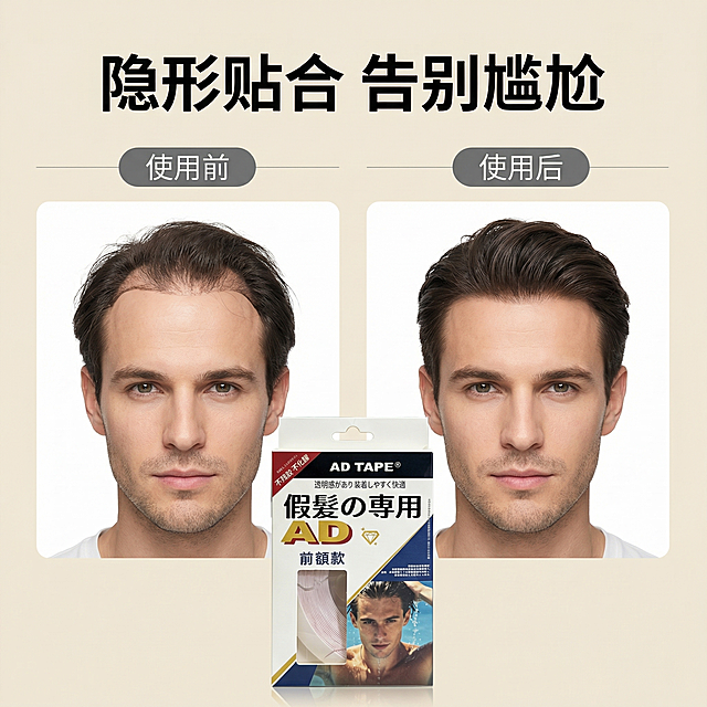 [主图 4] 使用效果对比展示
[氛围风格] 清晰对比，专业可信，干净简约
[画面元素] 左右分栏对比排版，左侧展示"使用前"：前额发际线突兀，补发缝隙明显；右侧展示"使用后"：发际线自然贴合，无缝隐形，整体自然美观。产品包装盒放置在画面下方居中，不遮挡对比区域。商业摄影质感、光线均匀，对比清晰，所有细节真实自然。
[配色色系] 背景统一为浅米白色，左右分割线浅灰色，保持原产品色彩不变
[视角构图] 左右均衡构图，清晰展示对比差异
[文字版式] 顶部中央标题"隐形贴合 告别尴尬"黑色加粗；左右分栏上方分别标注"使用前"和"使用后"，深灰色字体，灰色圆角底衬托；产品放置在下方，不遮挡对比主体，文字排版清晰易读。
[比例分辨率] 1:1比例，2k分辨率；文字清晰可辨，超高清
[负向提示词]变形，水印，文字错乱，产品图模糊，背景杂乱，遮挡主体，夸大效果