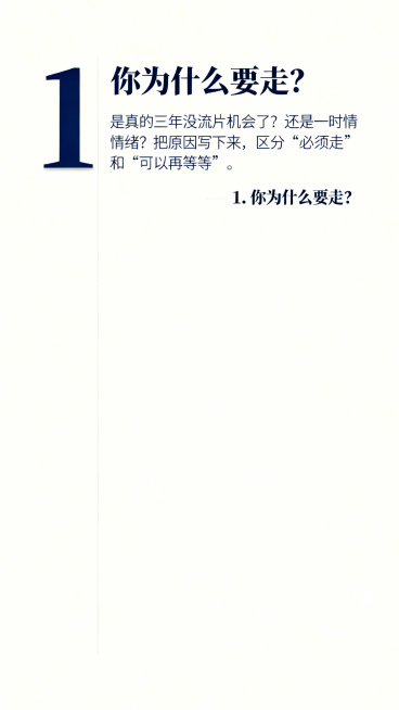 极简内页封面，米白色纯色背景，大号深蓝色的序号数字"1"放置在左侧，文字内容：主标题"你为什么要走？"，正文"是真的三年没流片机会了？还是一时情绪？把原因写下来，区分“必须走”和“可以再等等”"，整体预览效果