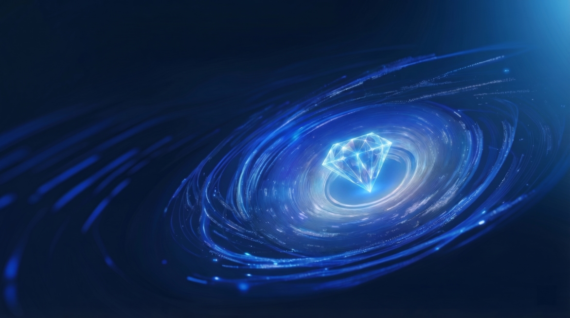 将中间钻石形状尺寸改得更小一些，去掉钻石内部的AI字母，保持原图深蓝色科技感漩涡线条风格，整体不要分层，和整体风格协调统一预览效果