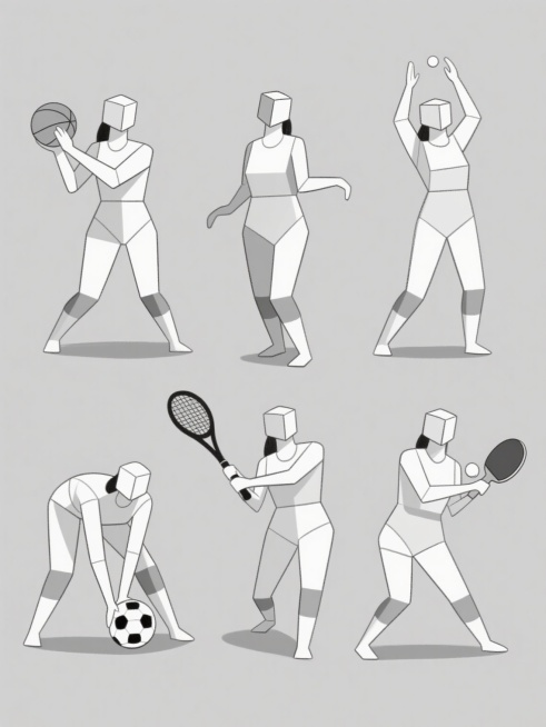 以简约线稿结合局部灰调阴影的插画风格，在纯色背景上规整排布六个完全不同动作的人体素材集合，每个女性人体均以几何体块结构表现躯干、立方体头部和圆柱形四肢，通过流畅线条勾勒身体轮廓与关节转折，运用深浅不一的灰色阴影强调肌肉体积感与身体重心，展现六种各不相同的球类运动动态：包括双手持球准备投掷的篮球动作、单脚支撑另脚后勾控球的足球姿态、弯腰双手触地调整网球拍的预备姿势、侧身挥棒击打棒球的瞬间、双手举……预览效果