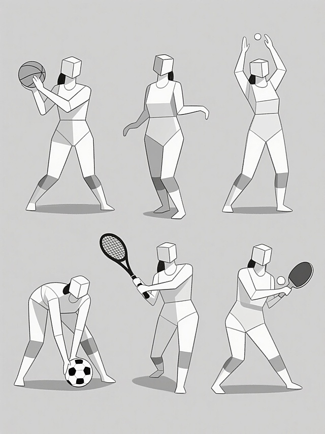 以简约线稿结合局部灰调阴影的插画风格，在纯色背景上规整排布六个完全不同动作的人体素材集合，每个女性人体均以几何体块结构表现躯干、立方体头部和圆柱形四肢，通过流畅线条勾勒身体轮廓与关节转折，运用深浅不一的灰色阴影强调肌肉体积感与身体重心，展现六种各不相同的球类运动动态：包括双手持球准备投掷的篮球动作、单脚支撑另脚后勾控球的足球姿态、弯腰双手触地调整网球拍的预备姿势、侧身挥棒击打棒球的瞬间、双手举过头顶准备扣杀的排球起跳动作，以及单手持拍瞄准的乒乓球发球姿势，整体保持统一的结构素描风格与简洁的视觉语言，确保各个人体动态自然舒展且符合球类运动的典型特征。