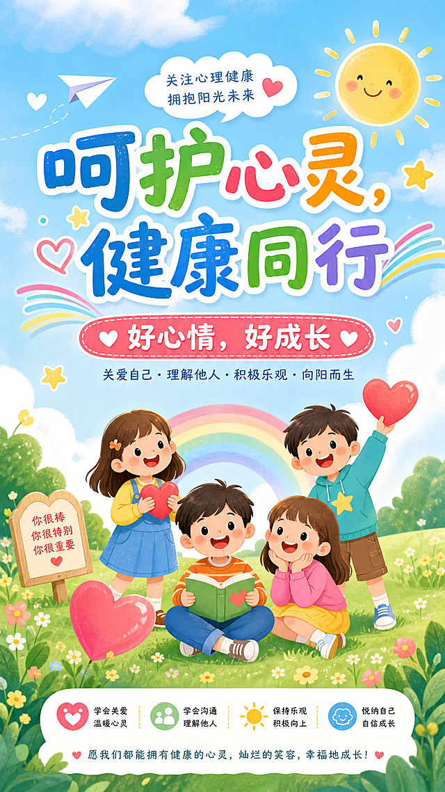 小学生心理健康主题电子海报，主题为"呵护心灵，健康同行"，口号是"好心情，好成长"，风格温馨治愈，卡通插画，蓝天白云草地背景，文字清晰排版舒适