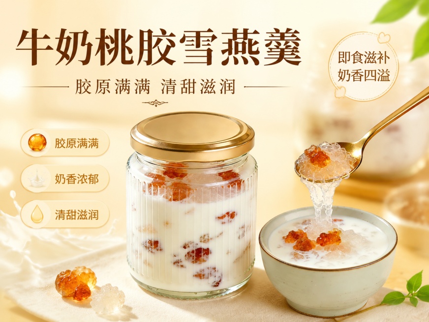 清新奶润写实商业摄影风格牛奶桃胶雪燕羹产品海报，主标题"牛奶桃胶雪燕羹"，副标题"胶原满满 清甜滋润"，装饰文案"即食滋补 奶香四溢"，卖点标签"胶原满满""奶香浓郁""清甜滋润"。100%还原上传商预览效果