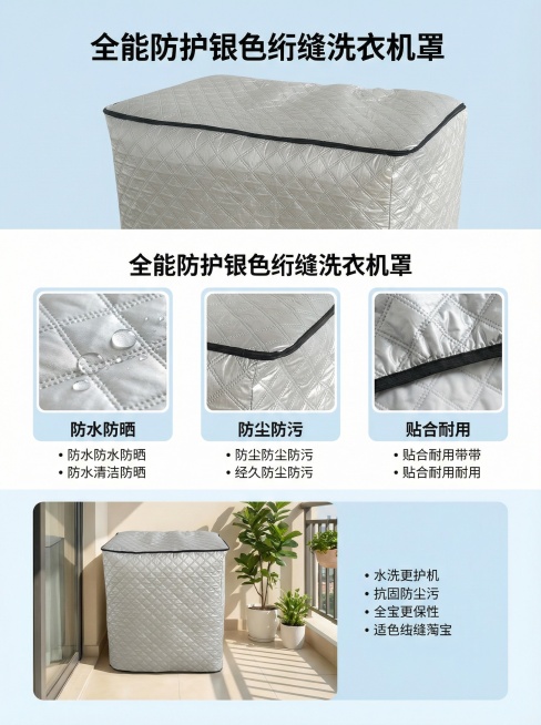洗衣机罩电商详情页，包含产品展示图、细节特写图、场景使用图，整体风格简约实用，突出洗衣机罩防水防晒、防尘防污、贴合耐用的核心卖点，文字清晰明了，配色干净清爽预览效果