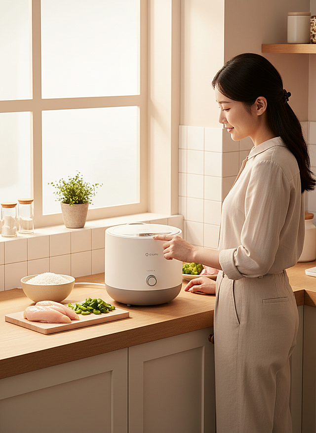 制作这个电饭煲的电商主图，把它放在温馨明亮的厨房一角，一个女人正在使用它，旁边放着食材