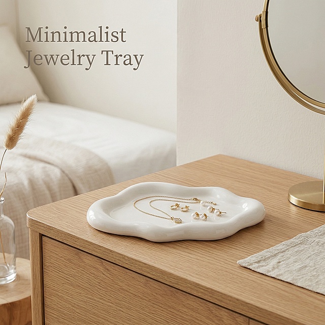 Keep the original cloud-shaped simple white jewelry storage tray unchanged, place it in a modern minimalist American-style bedroom dressing table scene, the tray is placed on a light wood countertop, with several necklaces and earrings placed on the tray, the overall style is minimalist and high-end, in line with the Shein platform selling product main image aesthetics, the picture contains English text "Minimalist Jewelry Tray", the font style is uniform and clean, highlighting the product, attractive to buy