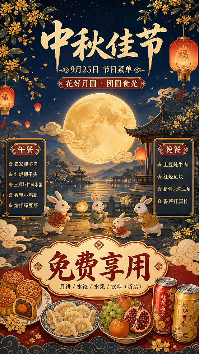 国风新中式中秋节节日海报，竖版9:16，整体温馨雅致中秋氛围。画面顶部居中大标题"中秋佳节"，副标题"9月25日 节日菜单"，装饰语"花好月圆 · 团圆食光"。画面主体以中秋元素为主视觉：一轮金黄圆月悬挂夜空，祥云缭绕，桂花树枝点缀，远处有古典亭台剪影，几只玉兔在月下游玩，灯笼悬挂增添节日气氛。菜单信息融入画面两侧及下方，不要太突出显眼，以雅致小字呈现：左侧午餐区标题"午餐"，菜品列表：农家炖羊肉、红烧狮子头、三鲜虾仁蒸水蛋、香带小鸡腿、炝拌绿豆芽；右侧晚餐区标题"晚餐"，菜品列表：土豆炖牛肉、红烧鱼块、猪骨头炖豆角、香芹拌腐竹。画面下方中央位置是免费福利区域，字号明显放大，醒目突出，配精美食物插图：月饼、水饺、水果、听装饮料的精美插画围绕四周，中央大字"免费享用"，下方小字"月饼 / 水饺 / 水果 / 饮料（听装）"。整体配色：深蓝夜空底色配金色月光、朱红点缀、米白文字，传统国风工笔风格，层次分明，排版精美，画质超高清。画面中所有信息区域必须填充完整合理的内容，不得出现空白框或占位。画面中所有数字必须精确渲染，不得错位、遗漏或编造。