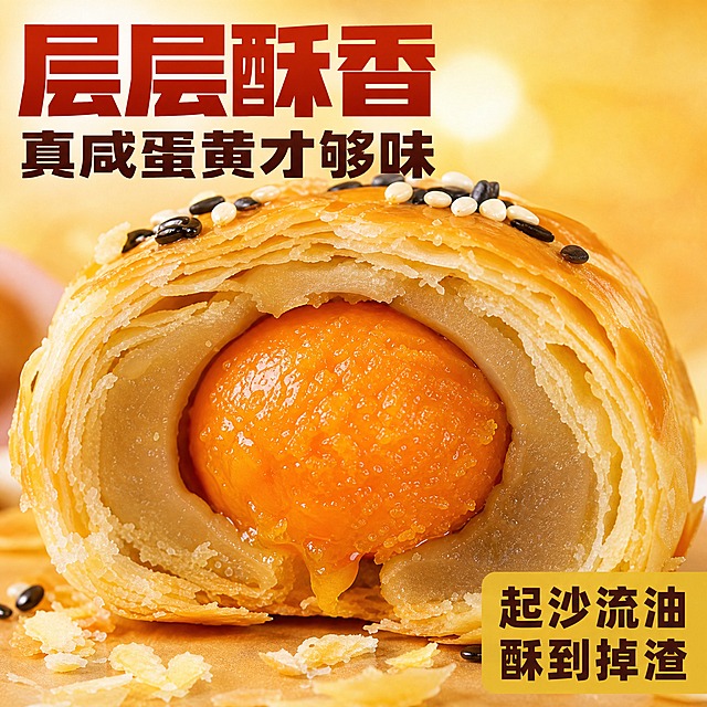 [主图-3] 细节微距 酥皮层次与流心咸蛋黄 种草图。
[统一基调] 拼多多食品主图视觉 暖橙红主色调 米白大字标题 金黄强调色 粗黑厚重字体 大字号强对比 信息直白 食欲感强 背景暖黄渐变带轻微光斑。
[画面] 画面中心是一颗被掰开的蛋黄酥特写 掰开处露出金黄油润起沙的整颗咸蛋黄 蛋黄周围是细腻的莲蓉内馅 外层酥皮层层叠叠 有几片酥皮碎屑自然掉落在下方 酥皮表面撒有黑白芝麻 微距视角 细节清晰 产品占画面约70% 背景虚化暖黄色 突出主体。
[光影质感] 自然暖阳逆光 咸蛋黄表面有油亮光泽和沙粒质感 酥皮层次分明有酥脆感 内馅细腻绵密 食物通透有食欲 商业美食微距摄影质感 高清细节。
[配色] 背景暖黄色虚化 标题字朱红色 辅助文字深棕色 强调色金黄色。
[文字版式] 左上角大标题两行 第一行超大 层层酥香 第二行稍小 真咸蛋黄才够味 右下角小字标注 起沙流油 酥到掉渣 字体统一粗黑体 标题最大最粗 说明文字缩小60% 文字放在画面边缘 不遮挡食物主体。
[输出要求] 1:1正方形 文字清晰无错字 产品清晰不变形 颜色真实 负向 模糊 变形 错字 水印 杂乱 多余人物 平台Logo