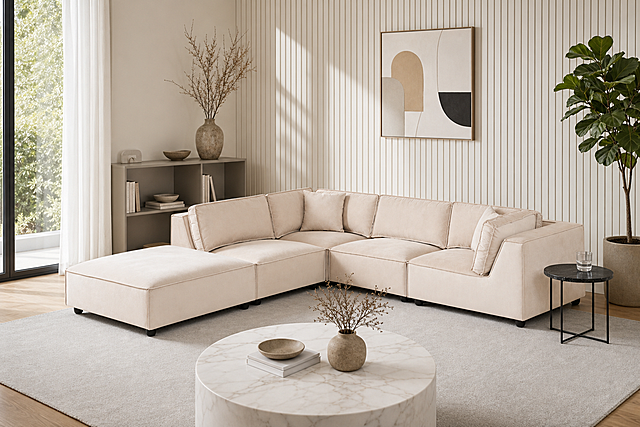 沙发严格参照上传产品图（https://gdesign-dam-hz.dancf.com/36698301355512938/9307bae097fa424fb6eec692686d4c9d.jpg），完整保留所有可见组件、部件、轮廓形状、结构、比例、材质质感、颜色，保留沙发原图的角度与原图比例一致，与上传图完全一致。
室内家居客厅一角，浅奶咖现代简约柔和色调，参考风格相似度50%。
左侧落地窗自然光，产品受光面泛起浅暖色调、暗部映射柔和灰色光晕，与环境物理融合，自然融入场景光影，与场景共处同一物理空间。
中景构图，产品为视觉中心，微侧偏转30度视角，构图均衡稳定。
全量换款清单（保留参考图空间骨架，同品类全替换不同款式）：
①墙面：参考图米白色竖纹石膏线墙面 → 生成图奶白色竖纹格栅墙面
②地面：参考图浅色实木地板+浅色印花地毯 → 生成图原木地板+浅灰色纯色短绒地毯
③边柜：参考图深灰色双抽斗柜 → 生成图浅灰色木质开放式置物柜
④装饰画：参考图抽象色块装饰画 → 生成图简约线条色块装饰画
⑤花艺：参考图透明花瓶粉色花束 → 生成图粗陶花瓶枯枝花艺
⑥茶几：参考图黑色锥形底座小圆桌 → 生成图白色大理石圆形茶几
⑦边几：参考图白色台面金色底圆边几+白色茶杯 → 生成图黑色岩板金属脚边几+玻璃水杯
⑧绿植：参考图大叶片绿植落地盆栽 → 生成图琴叶榕大型落地盆栽

消除产品外多余文字，保留沙发所有细节。4K 分辨率，严格锁定原图比例不变。