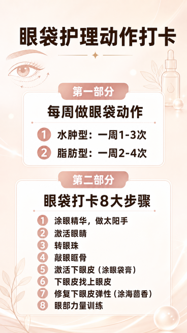 9:16竖版演讲PPT图片，包含以下所有文字，所有文字加粗加大显示，重新清晰排版：
标题：眼袋护理动作打卡
第一部分：每周做眼袋动作
1、水肿型：一周1-3次
2、脂肪型：一周2-4次
第二部分：眼袋预览效果