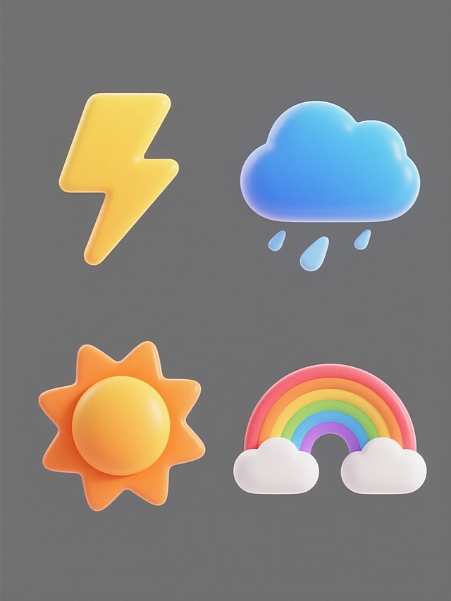 一组四个规整排布的天气图标系列素材，保持原图标明亮渐变色彩、流畅线条和立体光影的卡通风格，纯色背景，画面整体色彩变换，包含黄色闪电图标、蓝色阴天图标、橙色太阳图标、七彩彩虹图标，各图标元素类目不变但内容完全不同，设计感统一，视觉层级清晰，信息传达高效。