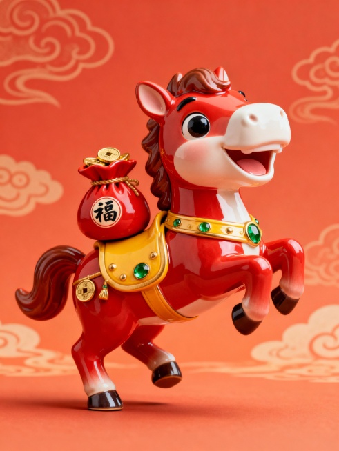 一匹可爱的小马，背上有一个小小的红色钱袋，钱袋中有金币，钱袋表面有一个圆形的福字，向上跳跃，姿势夸张，夸张的微笑表情，马头大，马身小，主色调红色，金黄色的马鞍，马鞍上有绿色的宝石和金色的铜钱点缀，整体预览效果