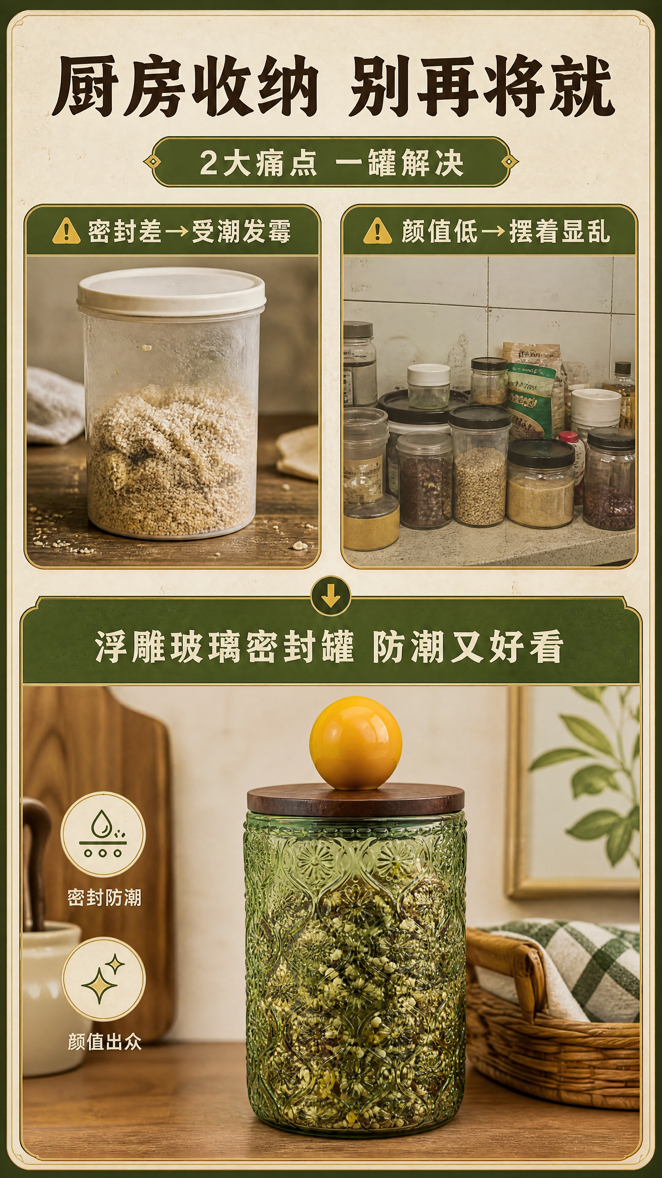 [商品] 使用【图1】复古橄榄绿浮雕玻璃储物罐；保留全部结构、… - 图片创意预览