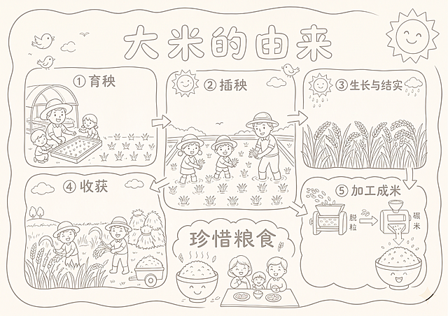 将这张大米的由来科普图转换为浅色线稿图，保留原画面构图和所有文字内容，只保留浅色的线条轮廓，去除所有深色线条和填充