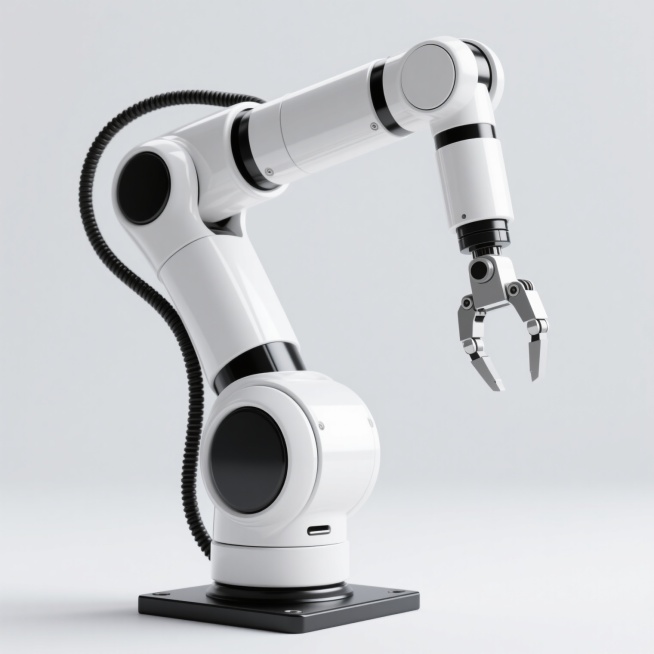 软3D风格机械臂，主体为纯净白色，关节处有黑色细节点缀，整体呈现圆润柔和的工业设计感，金属表面光滑细腻带有轻微反光，机械臂呈现自然弯曲的工作姿态，末端夹具结构清晰，黑色线缆从肩部延伸，底座为黑色方形，背景为纯白色，光线均匀柔和，无明显阴影，营造出简洁、现代、科技感的氛围。预览效果