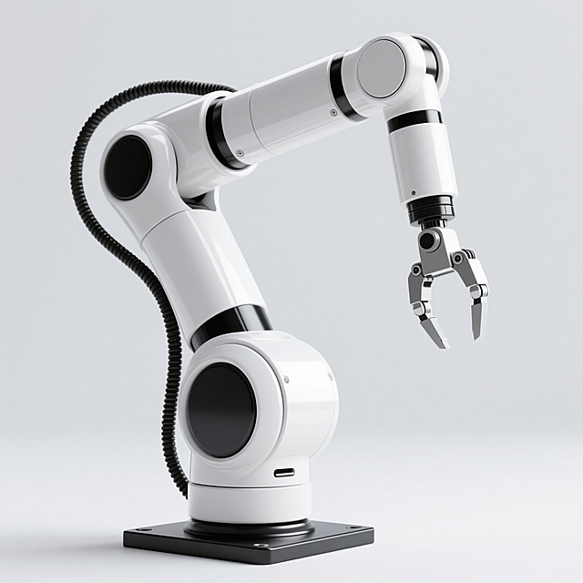 软3D风格机械臂，主体为纯净白色，关节处有黑色细节点缀，整体呈现圆润柔和的工业设计感，金属表面光滑细腻带有轻微反光，机械臂呈现自然弯曲的工作姿态，末端夹具结构清晰，黑色线缆从肩部延伸，底座为黑色方形，背景为纯白色，光线均匀柔和，无明显阴影，营造出简洁、现代、科技感的氛围。