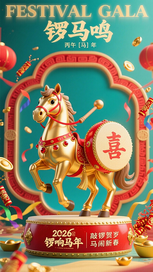 红金黄色系主色调，软萌生肖马为主体，亮金色金属质感，圆耳短鬃，马身红绸系着的鎏金小锣槌，正轻敲身旁的红边金锣（锣面印 “喜” 字），神态扬蹄显灵动鲜活；鞍具、鬃毛饰红色锣鼓纹，嵌小红宝石；萌马与锣鼓置于带流苏金纹的红框内，框周散落印马标识的鞭炮串、金元宝、彩绸带；
文字排版：
上部：大号浅金英文 “FESTIVAL GALA”（半透明）；
中上部：红色团纹框 +“锣马鸣”（大字）+“丙午 [马] 年”（小字）；
中下部：萌马 + 锣鼓主体；
底部：左侧 “2026 锣响马年”（艺术字），右侧 “敲锣贺岁 马闹新春”（两行文案）